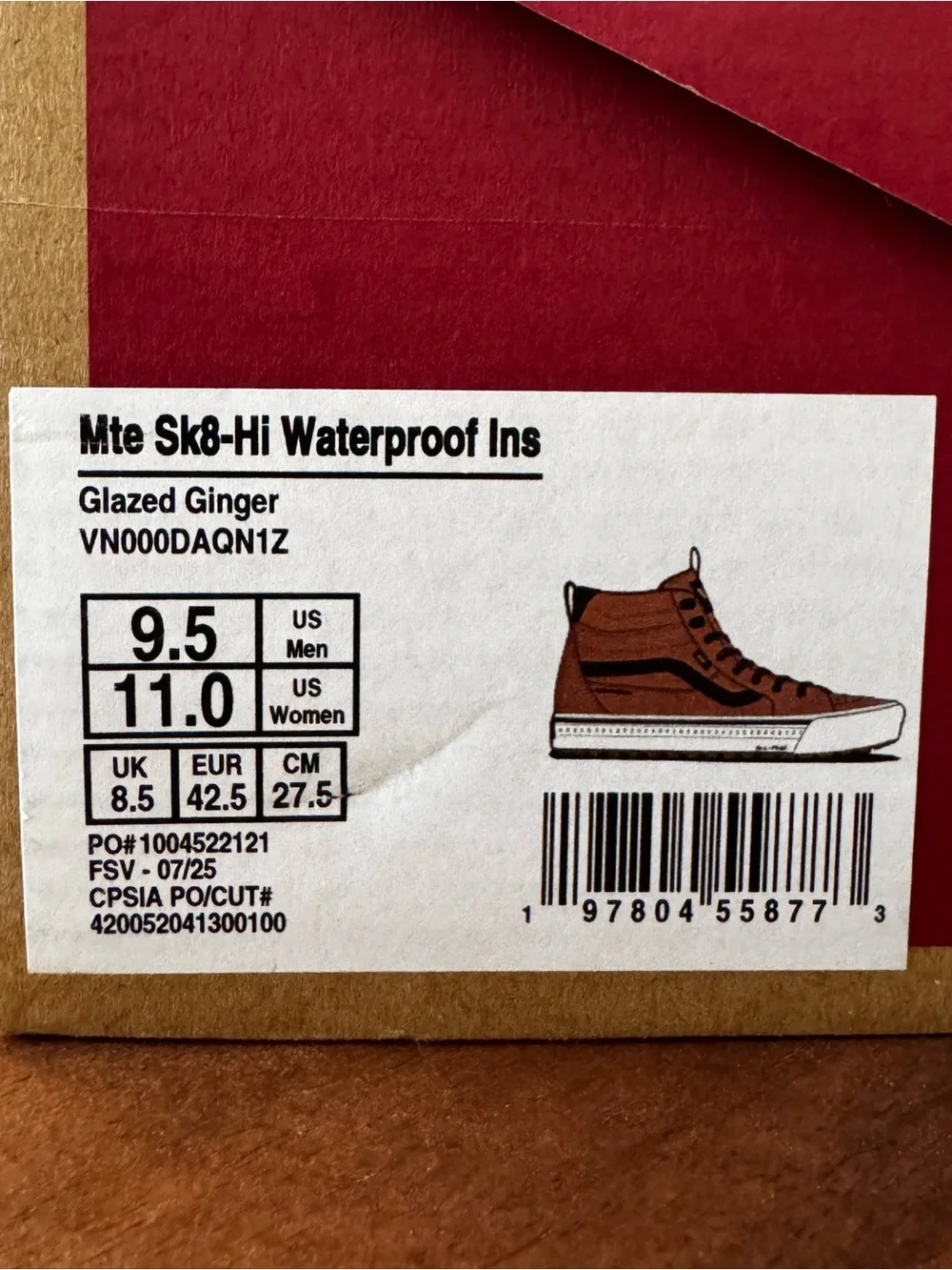 Vans Mte Sk8-Hi Waterproof Ins Boots Size Men’s 9.5 Glazed Ginger Primaloft Snow